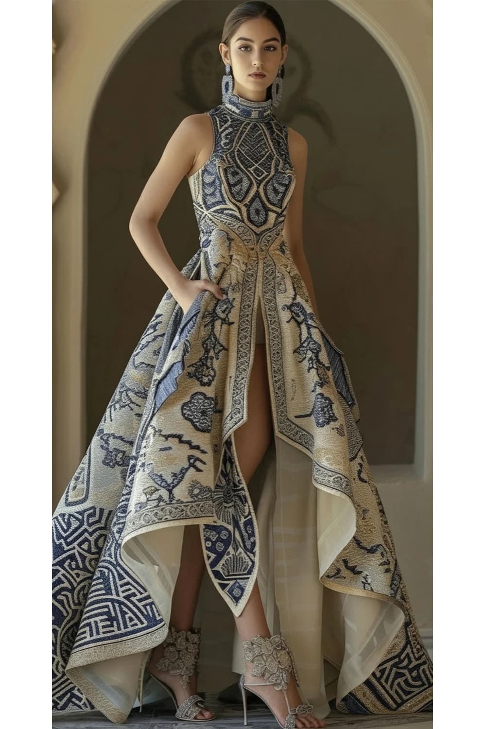 Robe longue asymétrique à imprimé géométrique pour femme, sans manches, col montant, avec poches, ro