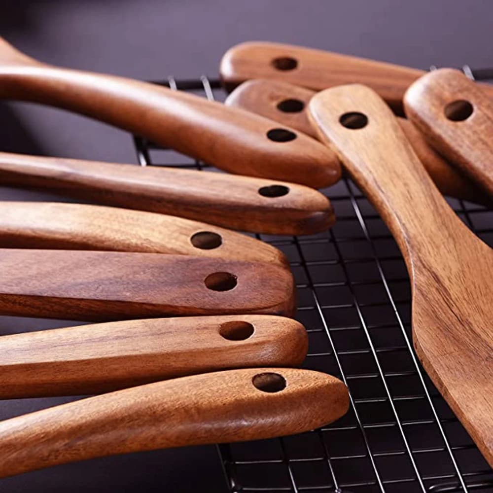 Cuillères de cuisine en bois de teck lisse, ustensiles de cuisine en bois antiadhésifs, ensemble de 