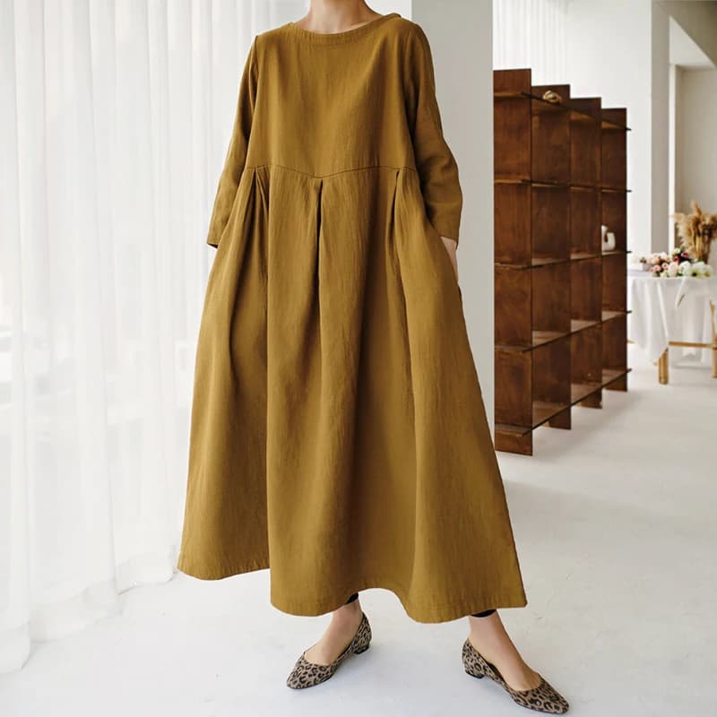JohnMobNew-Robes coréennes pour femmes, vêtements d'automne, col rond, poches décontractées, ligne A