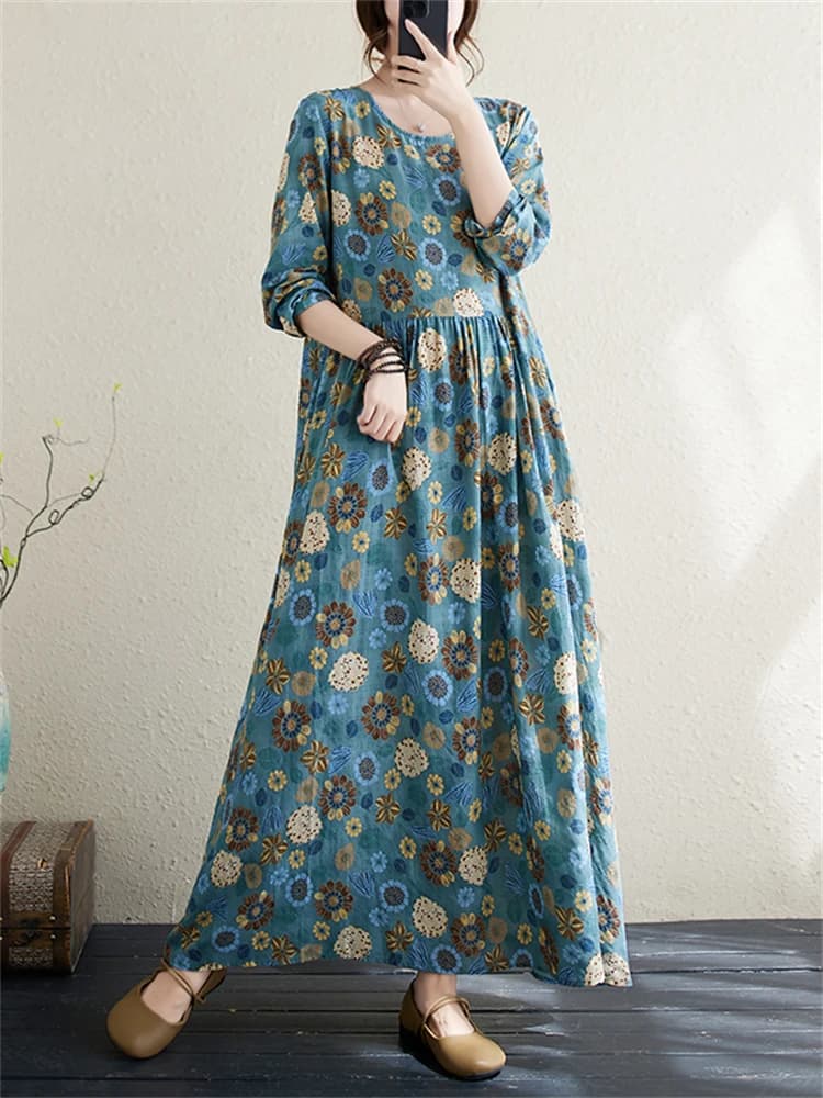Automne coton imprimé Vintage robes pour femmes 2025 nouveau printemps décontracté longue Robe Femme