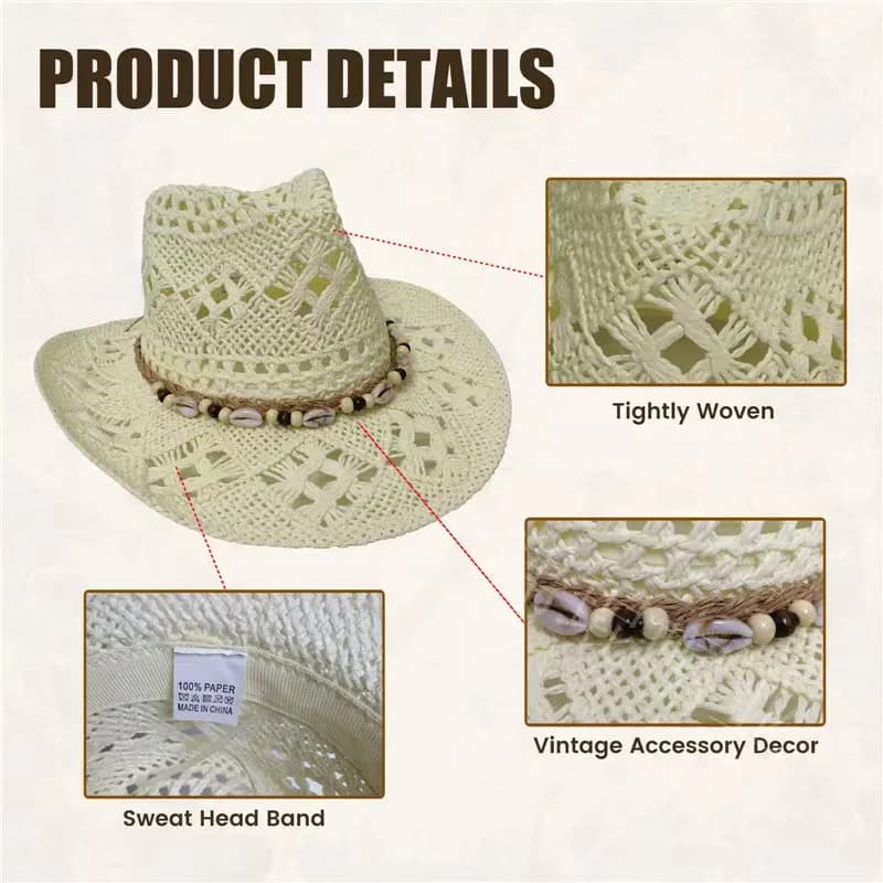 Chapeau de paille bohème d'été pour femmes et hommes, chapeaux de Cowboy de plage, perles en bois aj