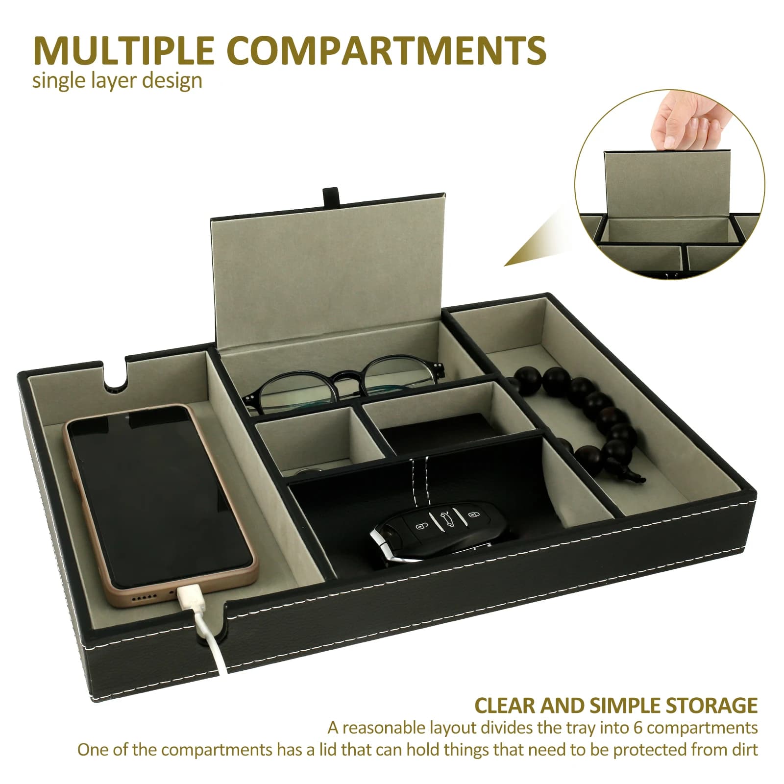 Organisateur de bureau en PU avec 5/6 compartiments, plateau de valet pour hommes, table de nuit, bo