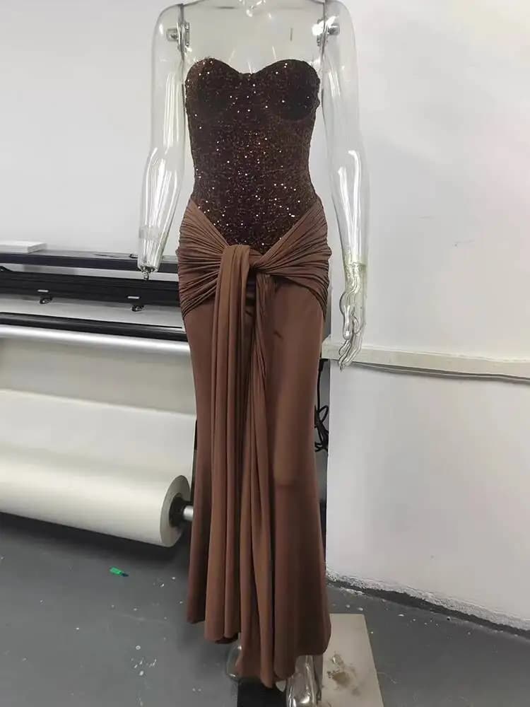 Mozision Sparkle épaules dénudées Sexy robe Maxi femmes élégant paillettes sans bretelles dos nu san
