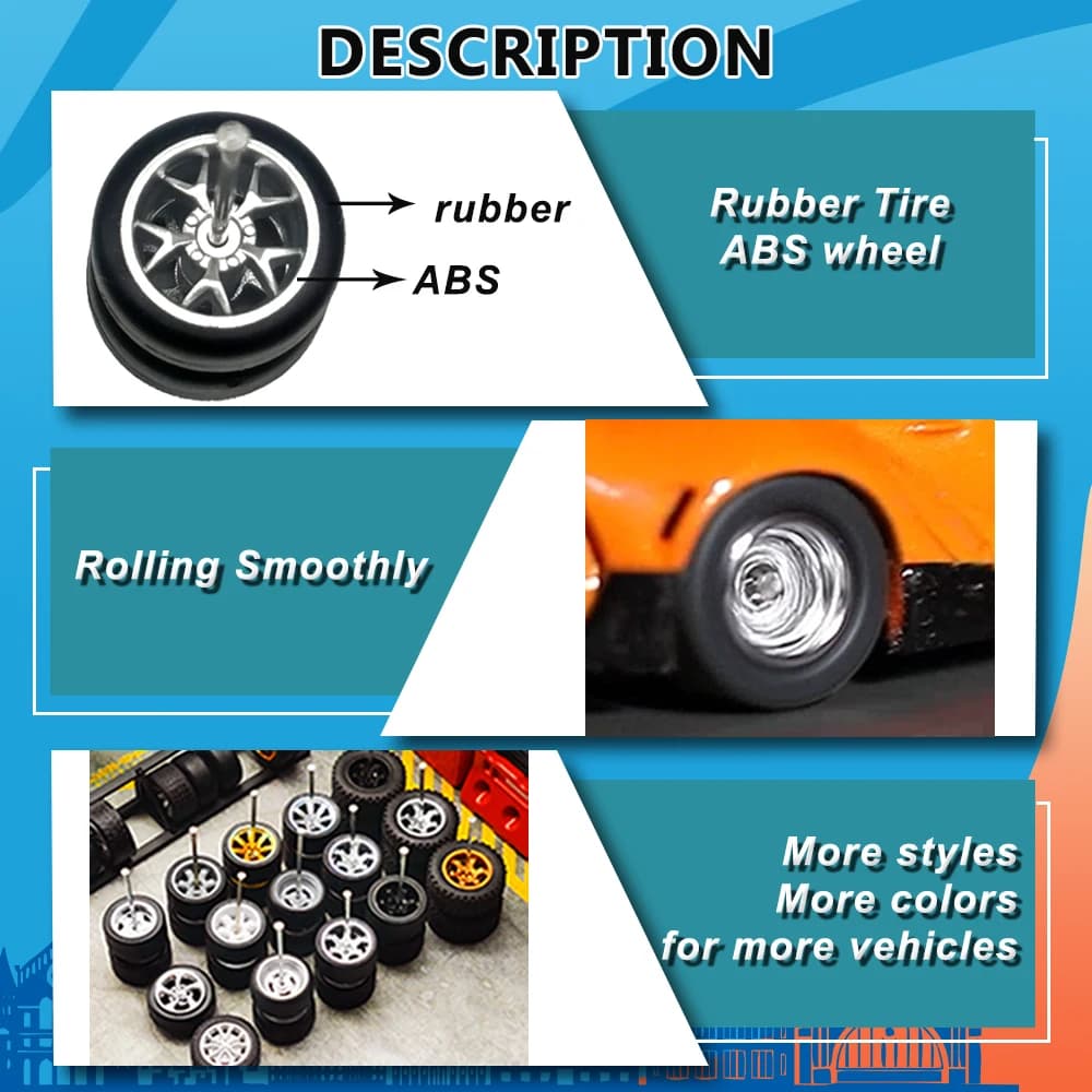 Roues 1/64 avec pneus fixes en caoutchouc, dix rayons pour modèle de jouet, voitures moulées sous pr