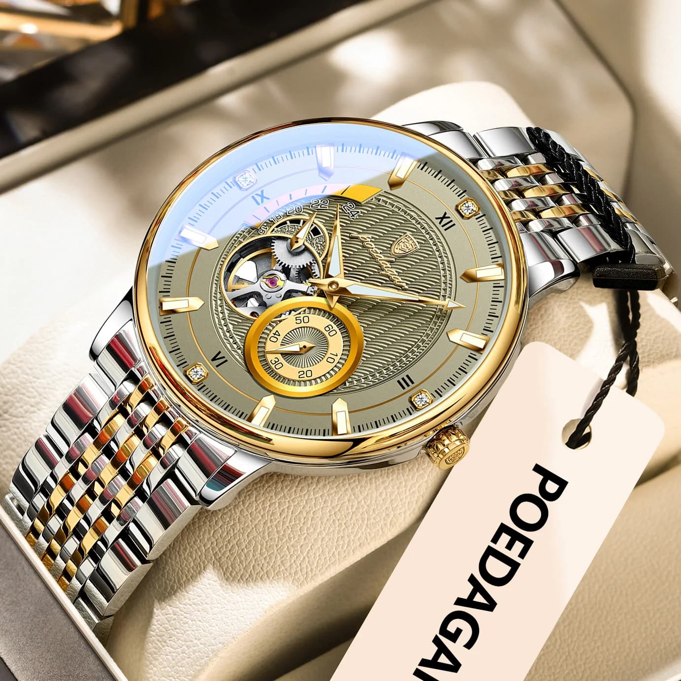 POEDAGAR haut de gamme homme montre-bracelet lumineux creux Tourbillon en acier inoxydable hommes ho