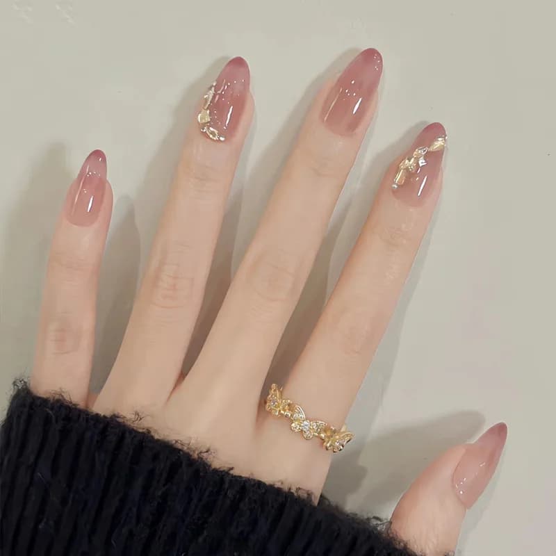 24 pièces Aurora Nude Rose presse sur ongles amande acrylique Simple faux ongles avec dégradé concep