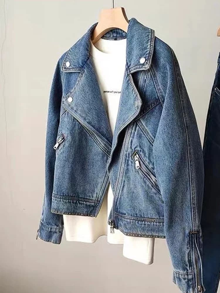 Moto fermeture éclair à manches longues veste en jean pour femmes veste en jean printemps automne fe