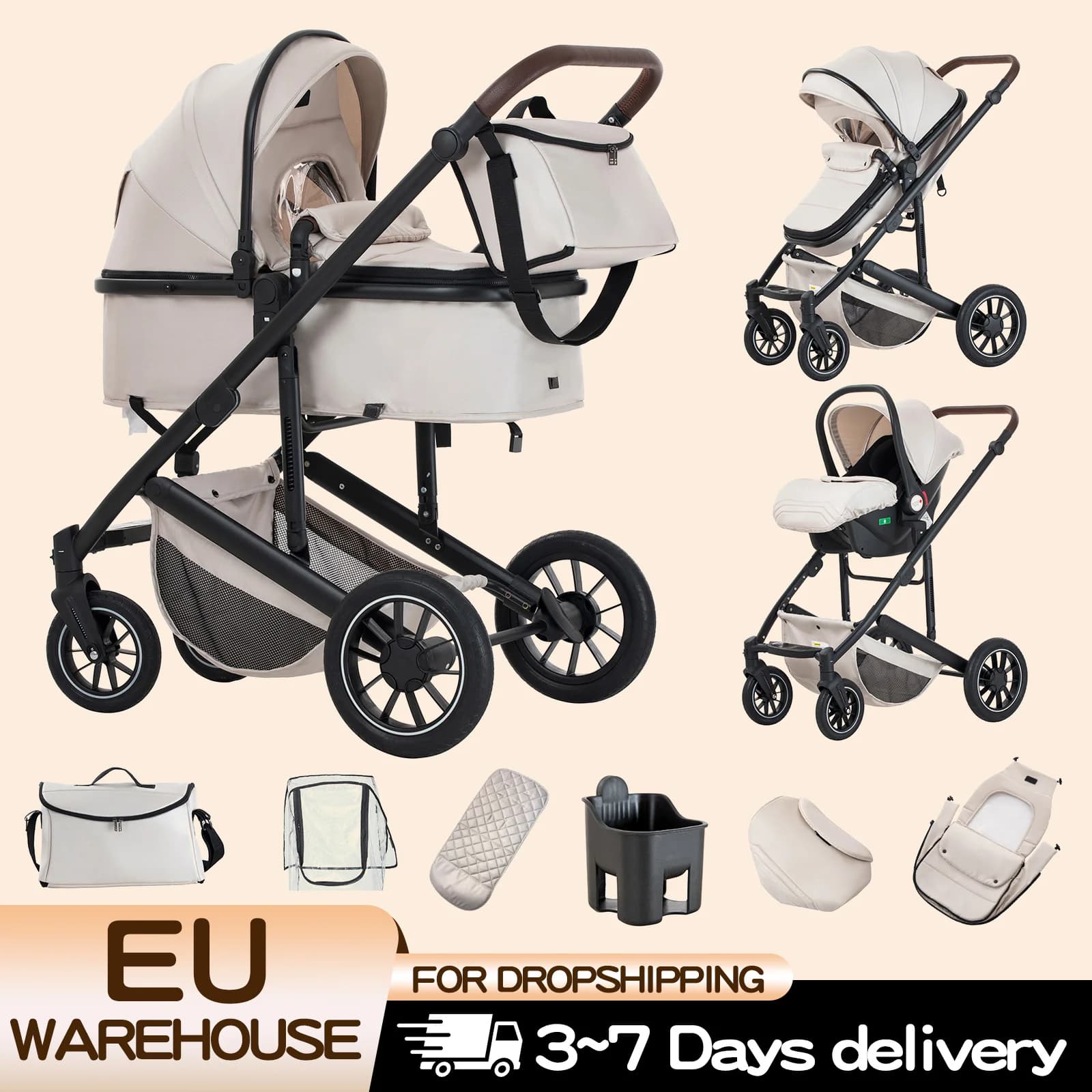 Poussette de luxe 3-en-1 avec siège auto pour nouveau-né, landau tout-terrain, poussette de voyage p