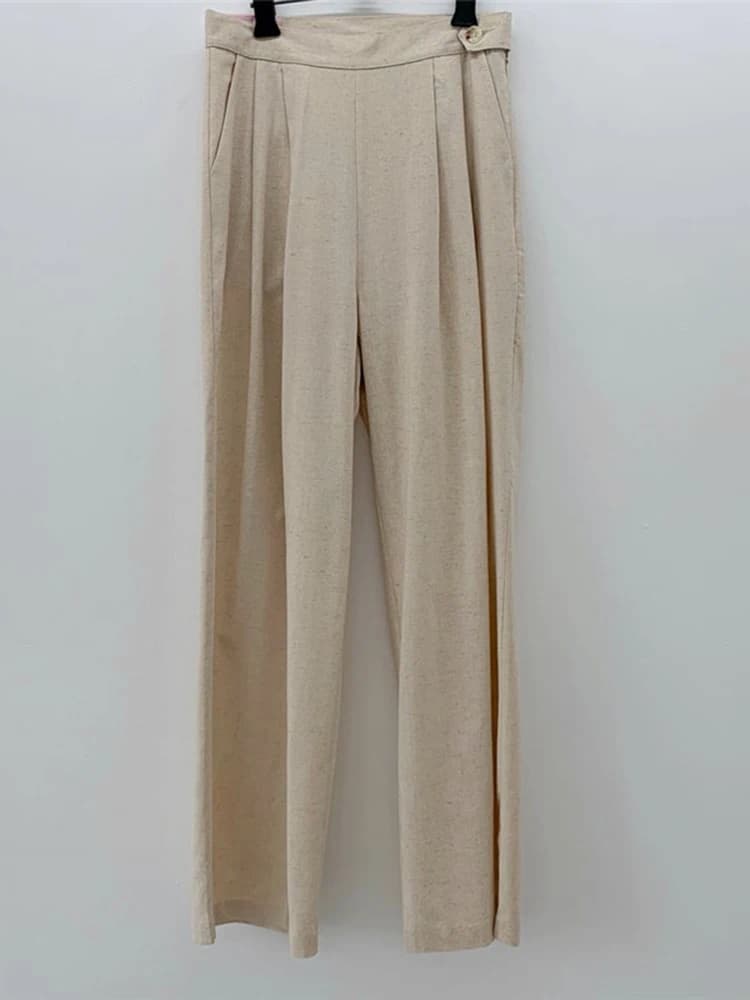 QOERLIN pantalons en lin femmes 2025 nouveau taille haute jambe large bureau dames pantalon avec poc