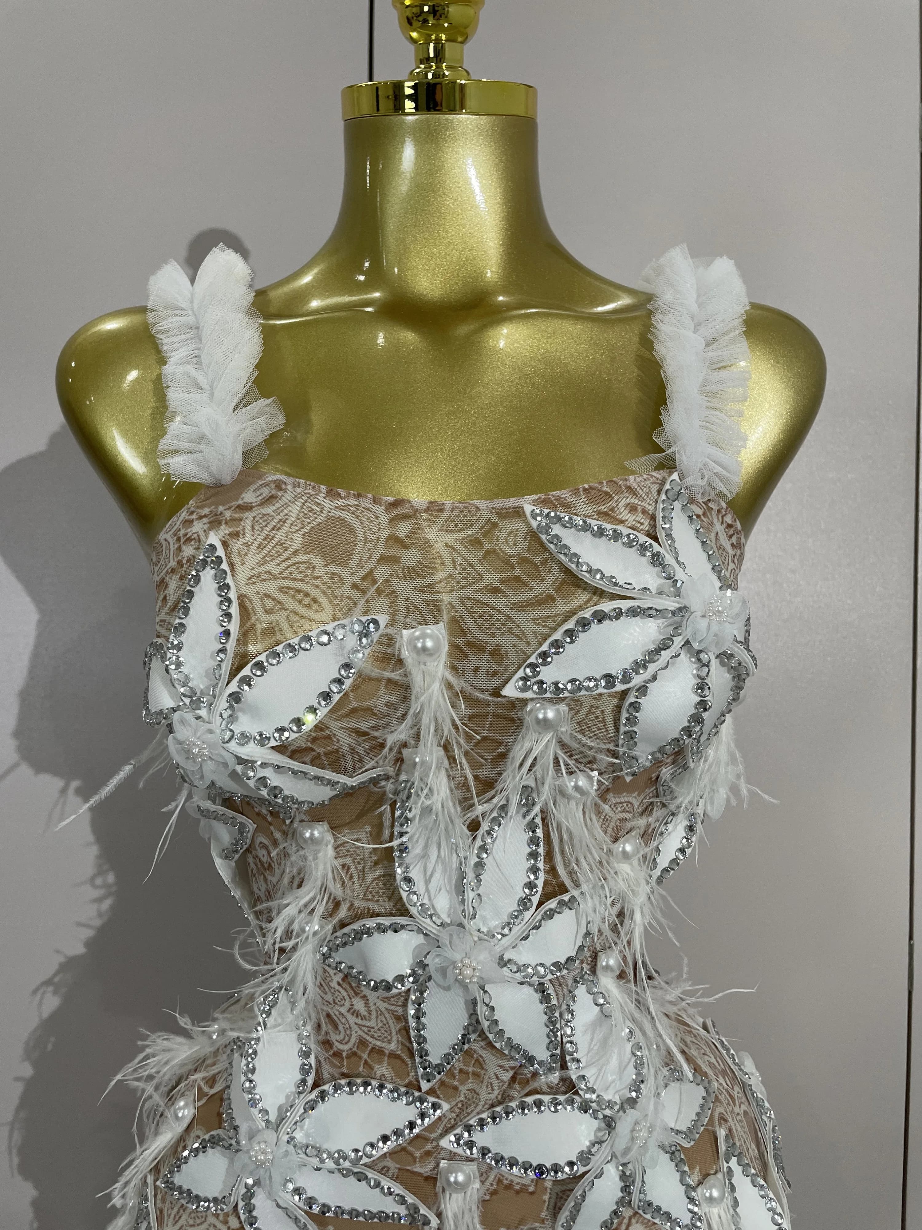 Sexy brillant diamant fleurs plumes blanc Transparent Slip robe courte soirée bal célébrer anniversa