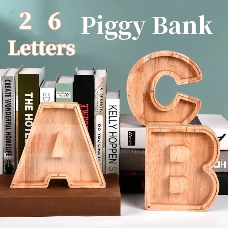 Tirelire anglaise 26 lettres, boîte d'économie d'argent en bois, pot de pièces de monnaie, boîte de 