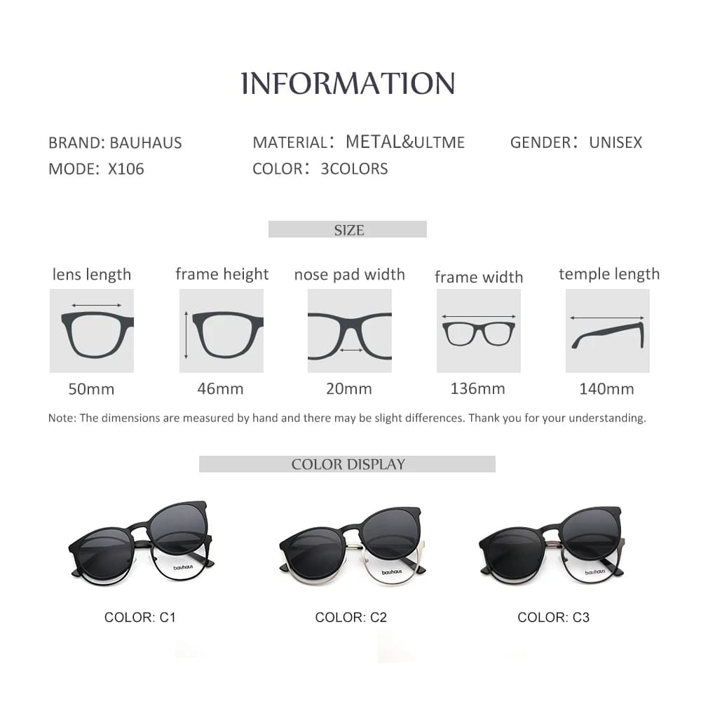 X106 bauhaus lunettes à monture magnétique en métal pour homme ou femme