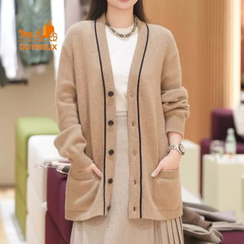 Cardigan en cachemire à col en v pour femme, manteau élégant et décontracté, Style minimaliste, 100%