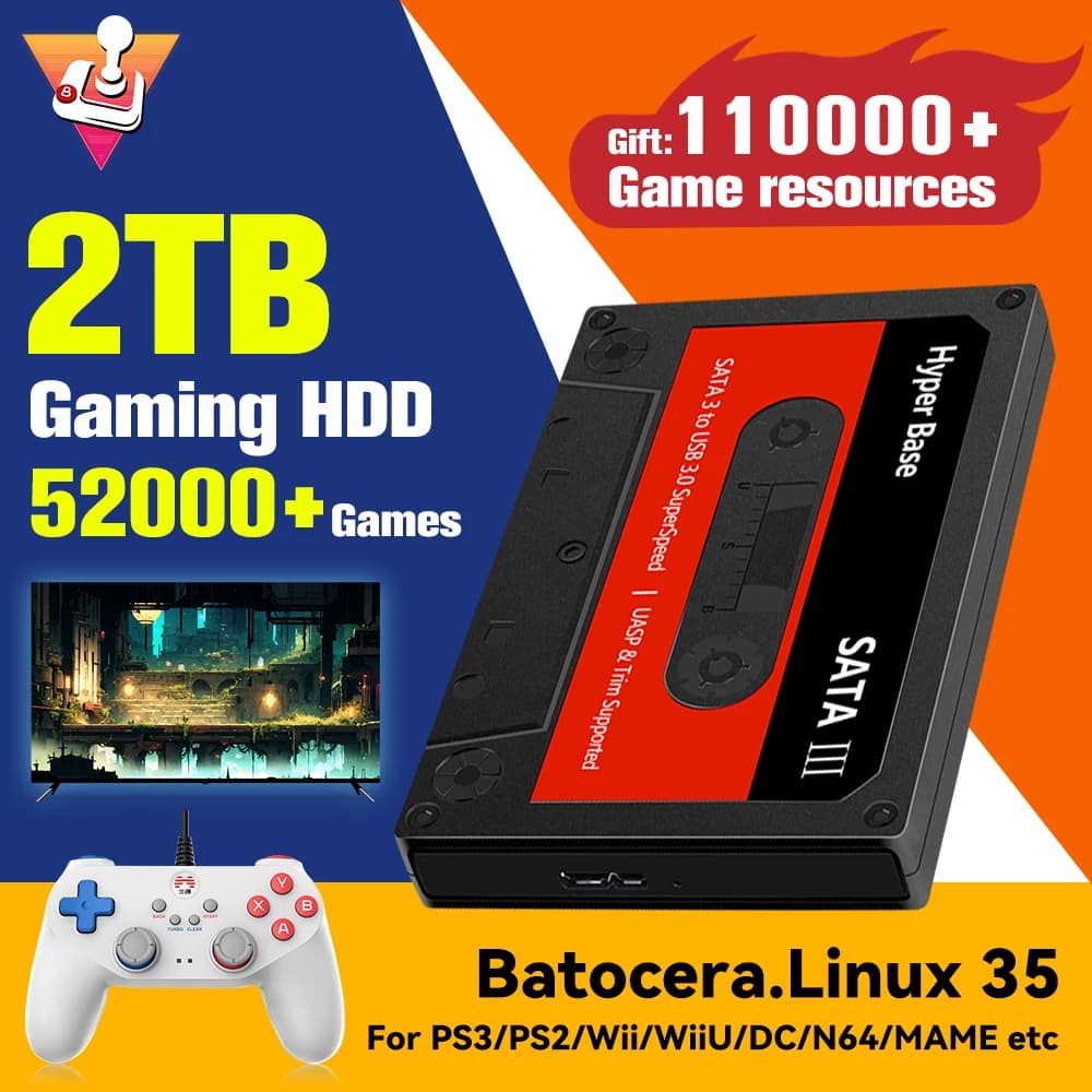 Batocera.Linux 35 Disque dur de jeu portable, disque dur de jeu, plus de 52000 jeux, PS3, PS2, Wii, 