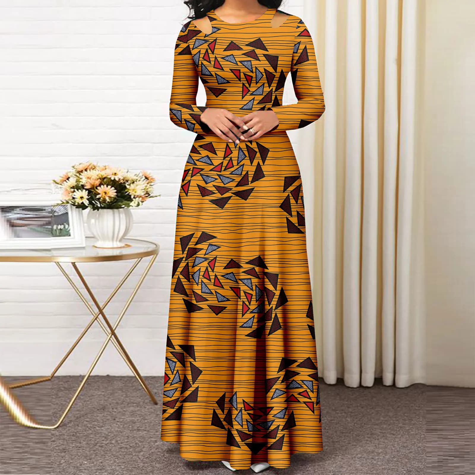 AfriPrecCasual-Robe trapèze en coton pour femmes, tissu imprimé Ankara, manches longues, sans bretel