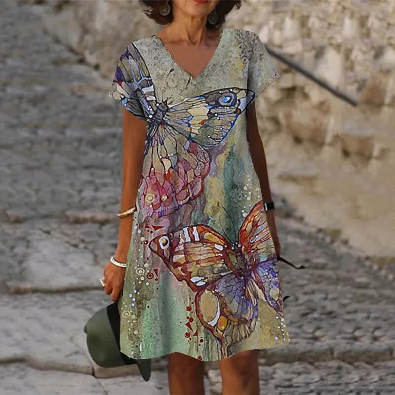 Robes imprimées florales paon 3D pour femmes, nouvelle mode d'été 2022, manches courtes, col en v, r
