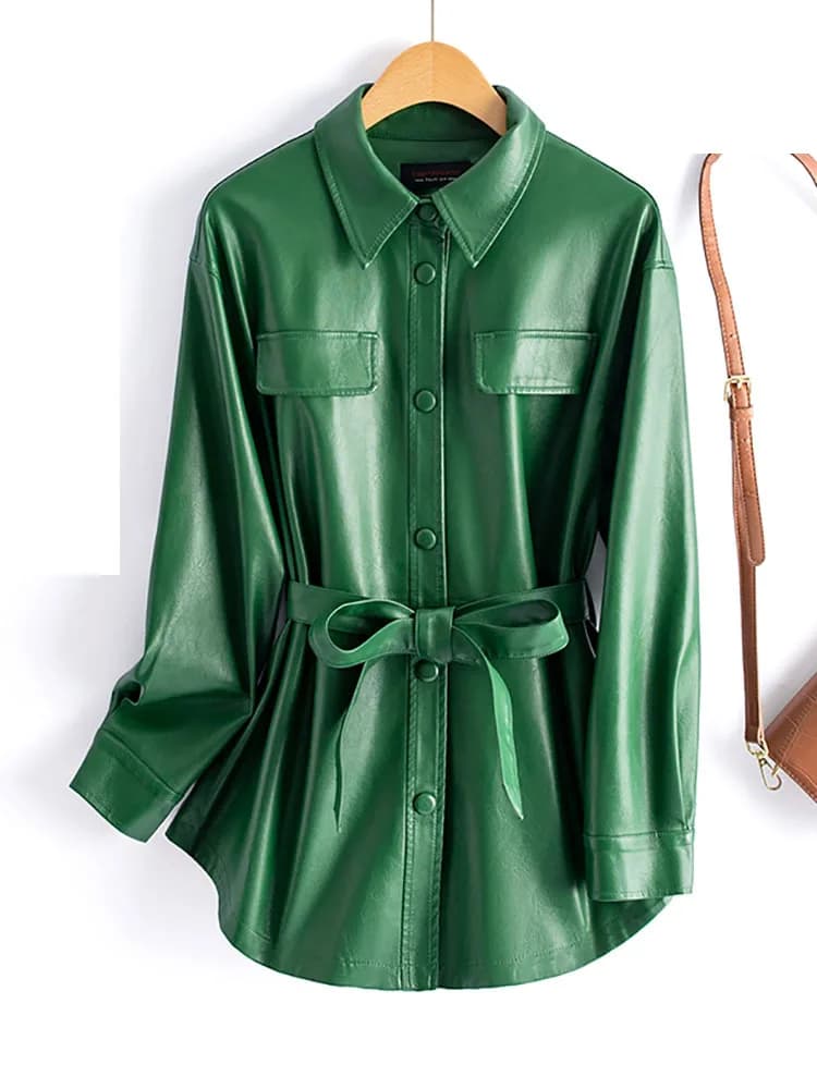 Nouveau femmes chemise Style veste en cuir printemps automne mode décontracté col rabattu à lacets m