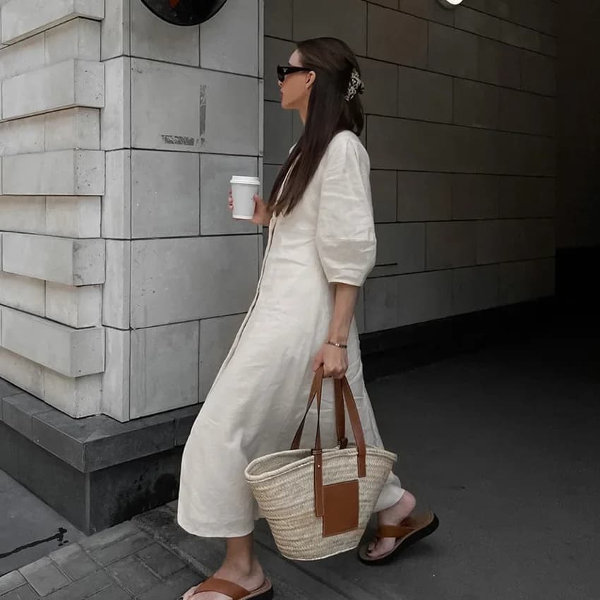 Robe d'été rétro en coton et lin pour femmes, col en V, manches bouffantes, longue robe maxi, robes 