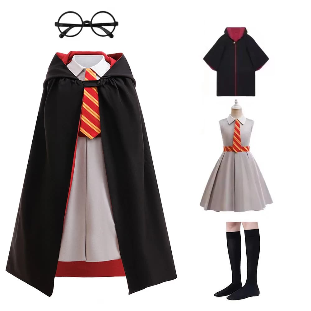 Robe d'halloween et de noël pour filles, cape, lunettes, chaussettes, Costume de Cosplay, robe de fê