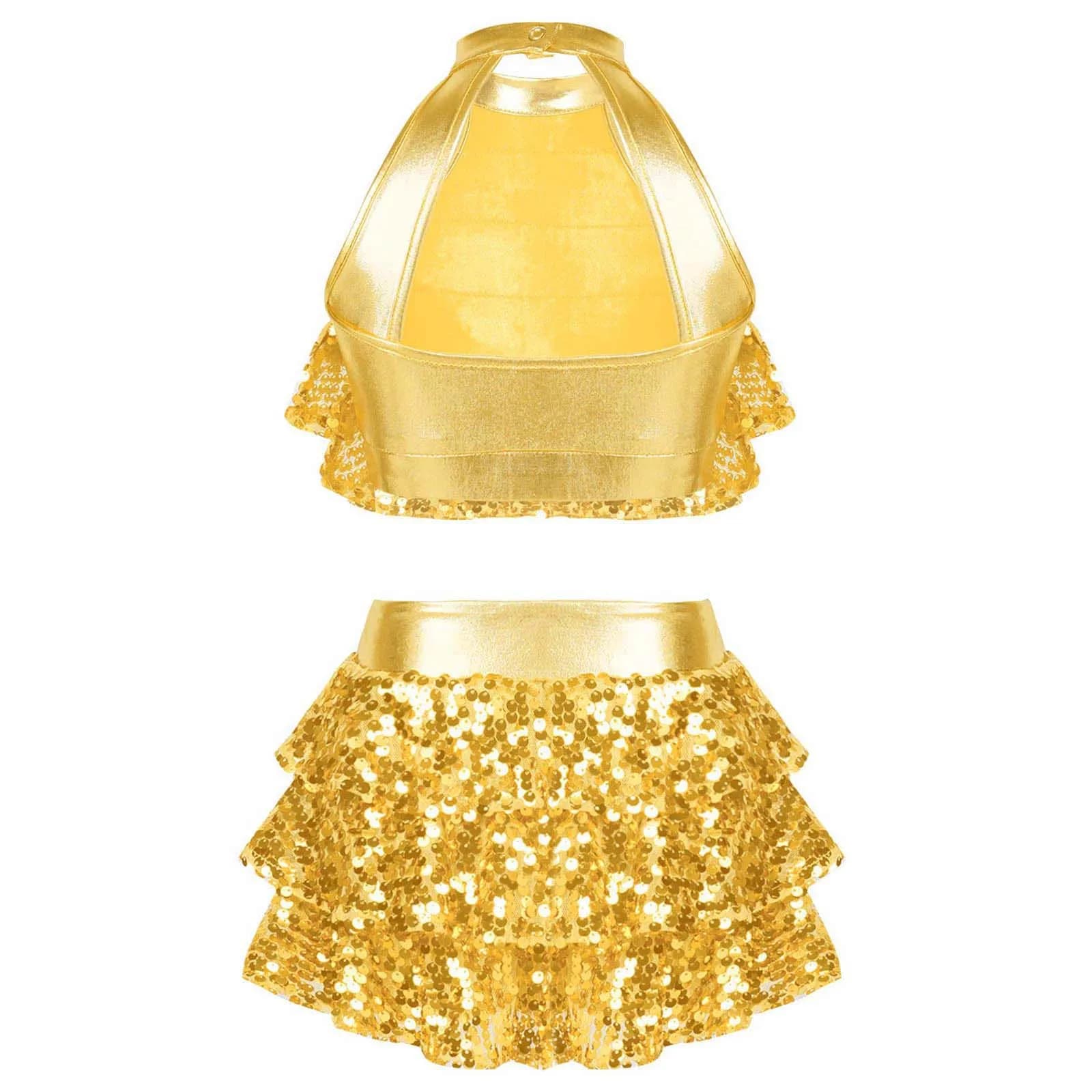 Haut court à plusieurs niveaux avec jupe pour enfants, paillettes brillantes pour filles, ensemble d