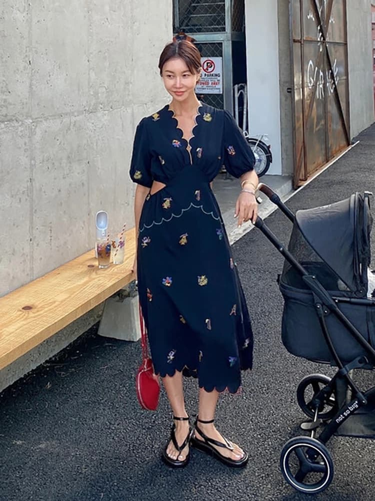 Robe longue en mousseline de soie brodée de fleurs vintage pour femmes, évider, taille incurvée, col
