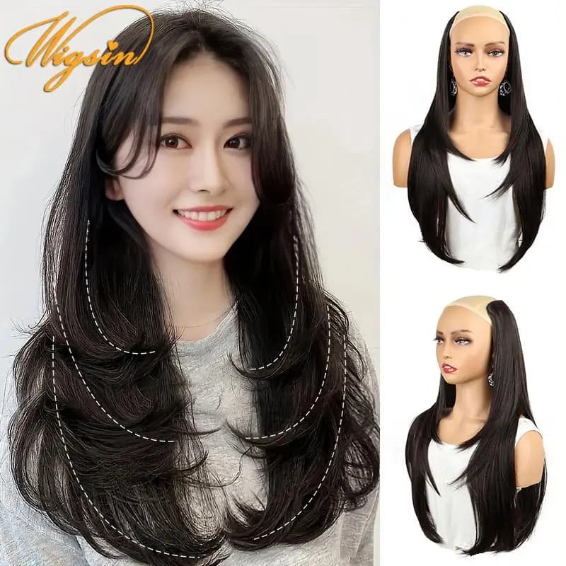 WIGSIN 22 pouces synthétique en forme de V couches 4 Clips longue Extension de cheveux raides mode p