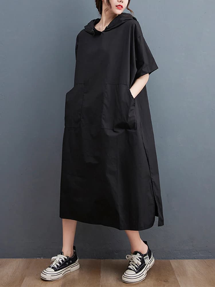 Nouvelle Robe Longue Décontractée Noire Vintage Oversize à Capuche et Manches Courtes pour Femme – T