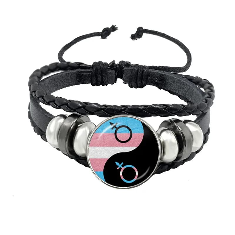 Bracelet en cuir tressé noir pour hommes et femmes, Cabochon en verre, Gay Pride, drapeau arc-en-cie