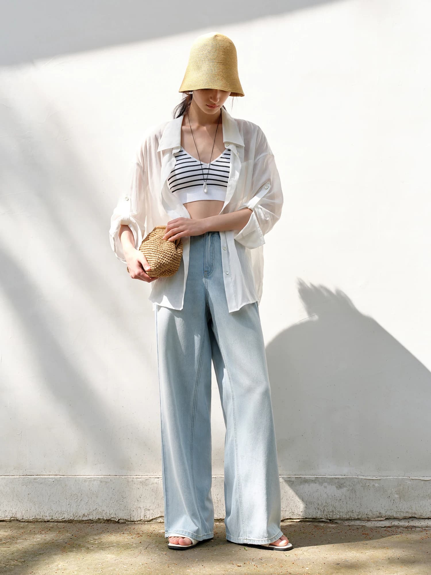 DUSHU jean de couleur claire été 2025 nouveau Style à la mode tout-match taille haute rayé couture p