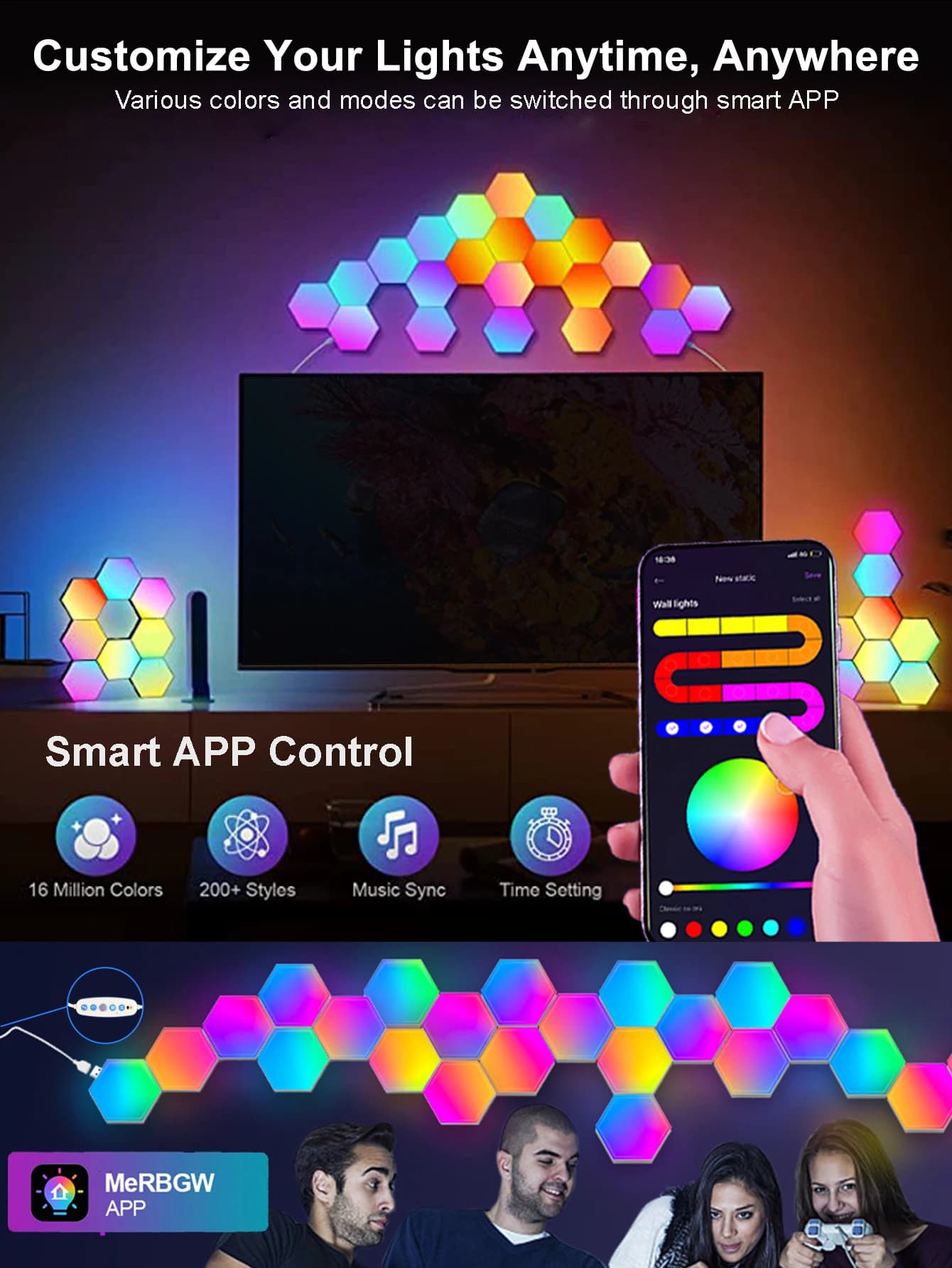 Fivemi RGB applique murale hexagonale intelligente couleur changeante veilleuse ambiante hexagonale 