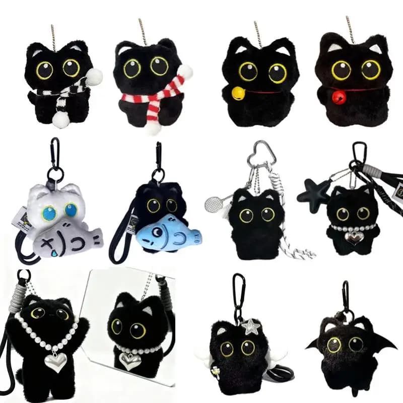 Porte-clés en peluche chat noir mignon, petit pendentif de voiture, chaton, jouet pour garçon et fil