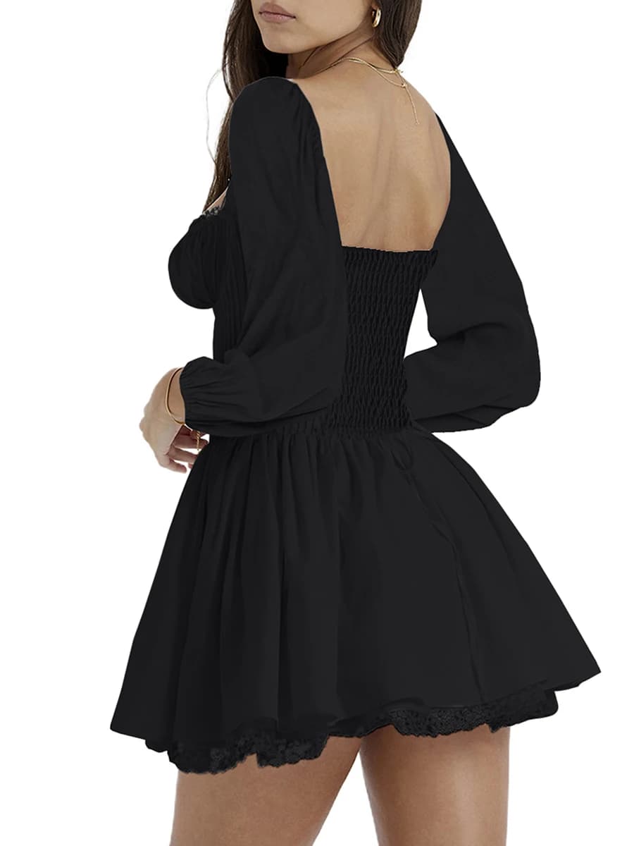 Mini robe évasée à volants pour femmes, col carré, corsets à lacets, ceinture évasée, manches longue