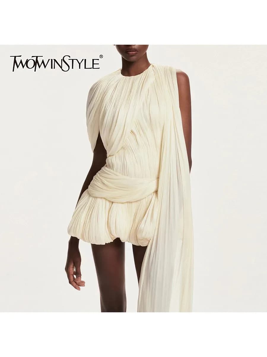 TWOTWINSTYLE – Mini robe en maille épissée pour femmes, col rond, sans manches, taille haute, tempér
