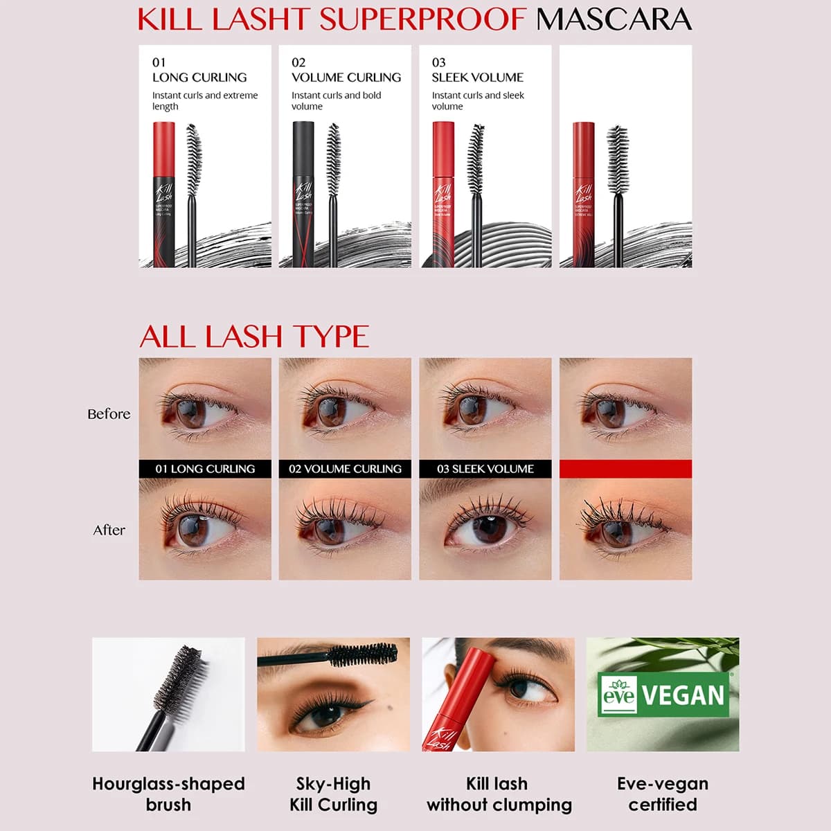 Mascara CLIO Kill Lash Superproof, Formule Volumisante, Léger et Sans Grumeaux, Défini et Séparé, Co