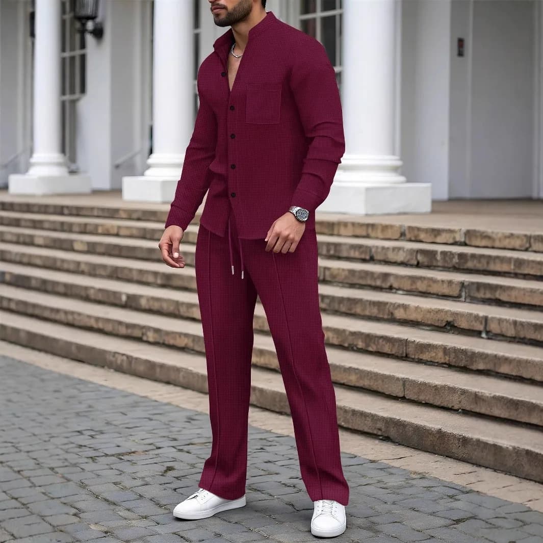Nouveau costume d'automne pour hommes, chemise gaufrée à manches longues de couleur unie avec cardig