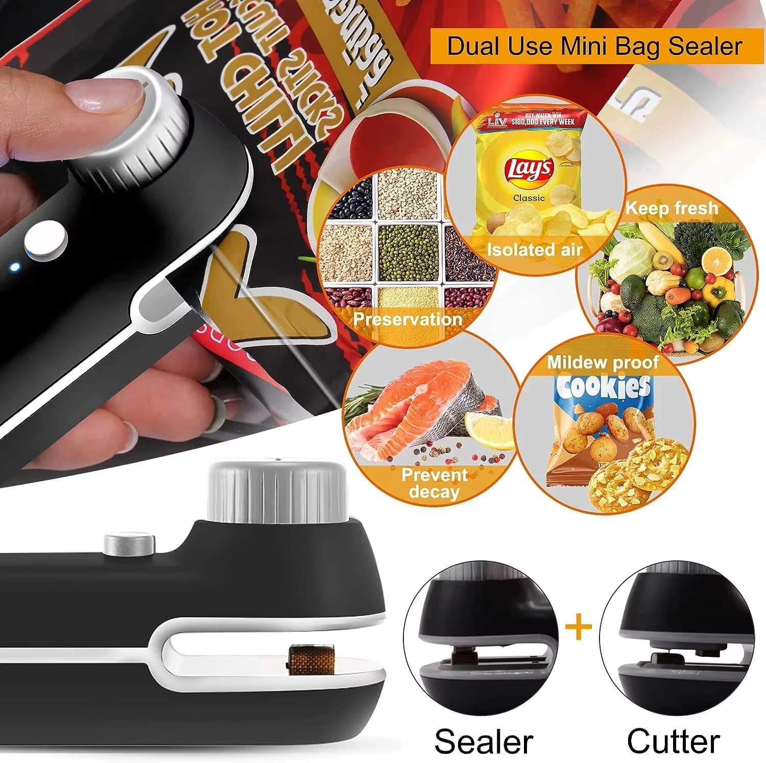 Scelleuse thermique portable rechargeable USB 2-en-1 pour sacs, mini scelleuse pour sacs de conserva