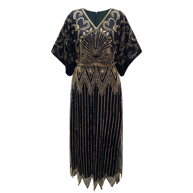 Robe de soirée longue à paillettes pour femmes, élégante, col en V, manches courtes, ligne A, taille