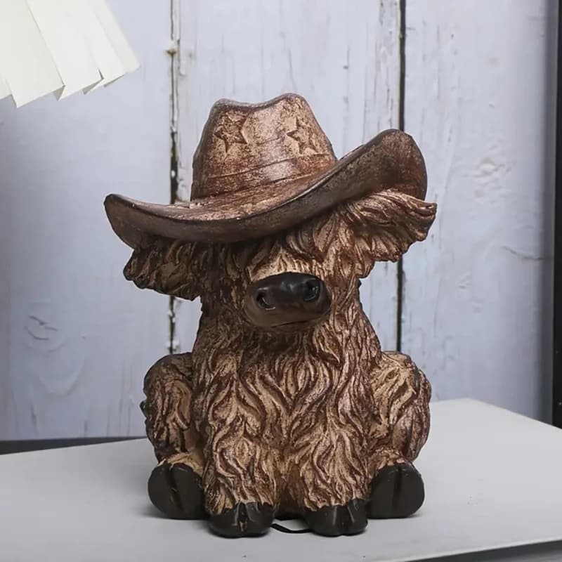 Statue jardin vache des hautes terres avec chapeau Cowboy, fermes bétail écossaises, décorations mai