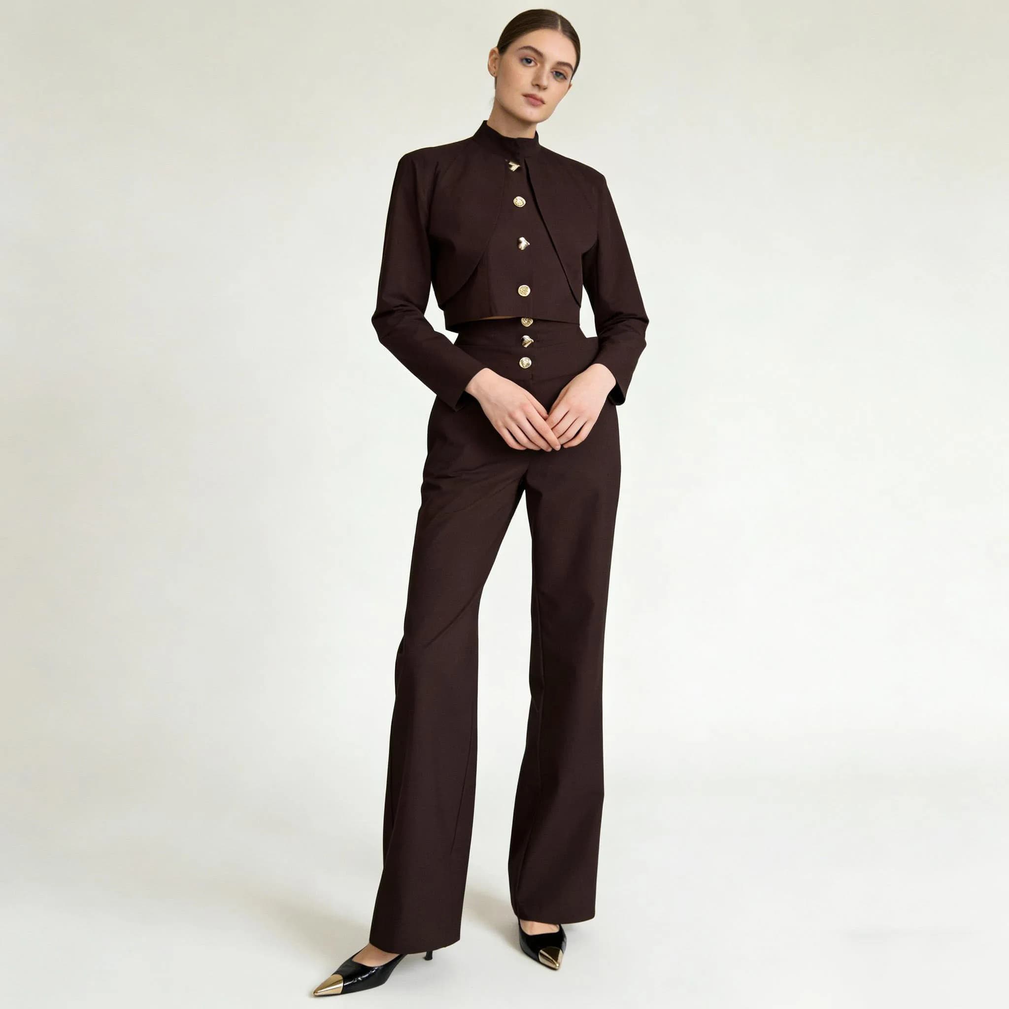 Haut court boutonné à col montant LIMO + pantalon large taille haute, ensemble élégant 2 pièces pour