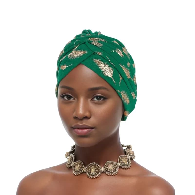 Turban Africain à Plumes Dorées pour Femme, Bonnet à Tête Ronde à Volants, Écharpe de Sauna Musulman