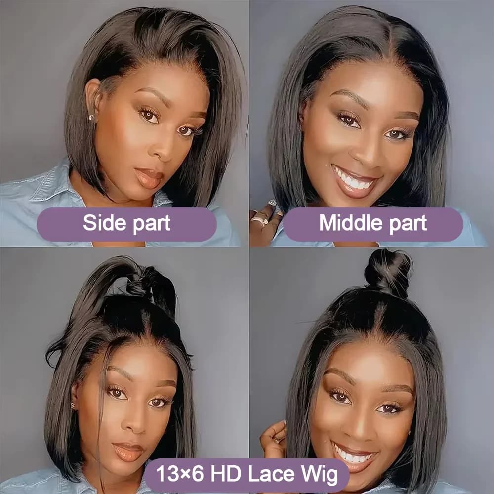 Perruques sans colle de 10 à 16 pouces, cheveux humains lisses, perruques courtes bob en dentelle HD