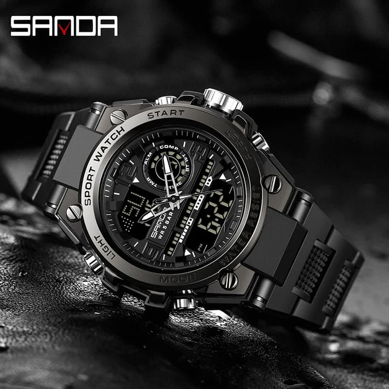 SANDA hommes sport montres à Quartz double affichage LED électronique numérique montres étanche mont