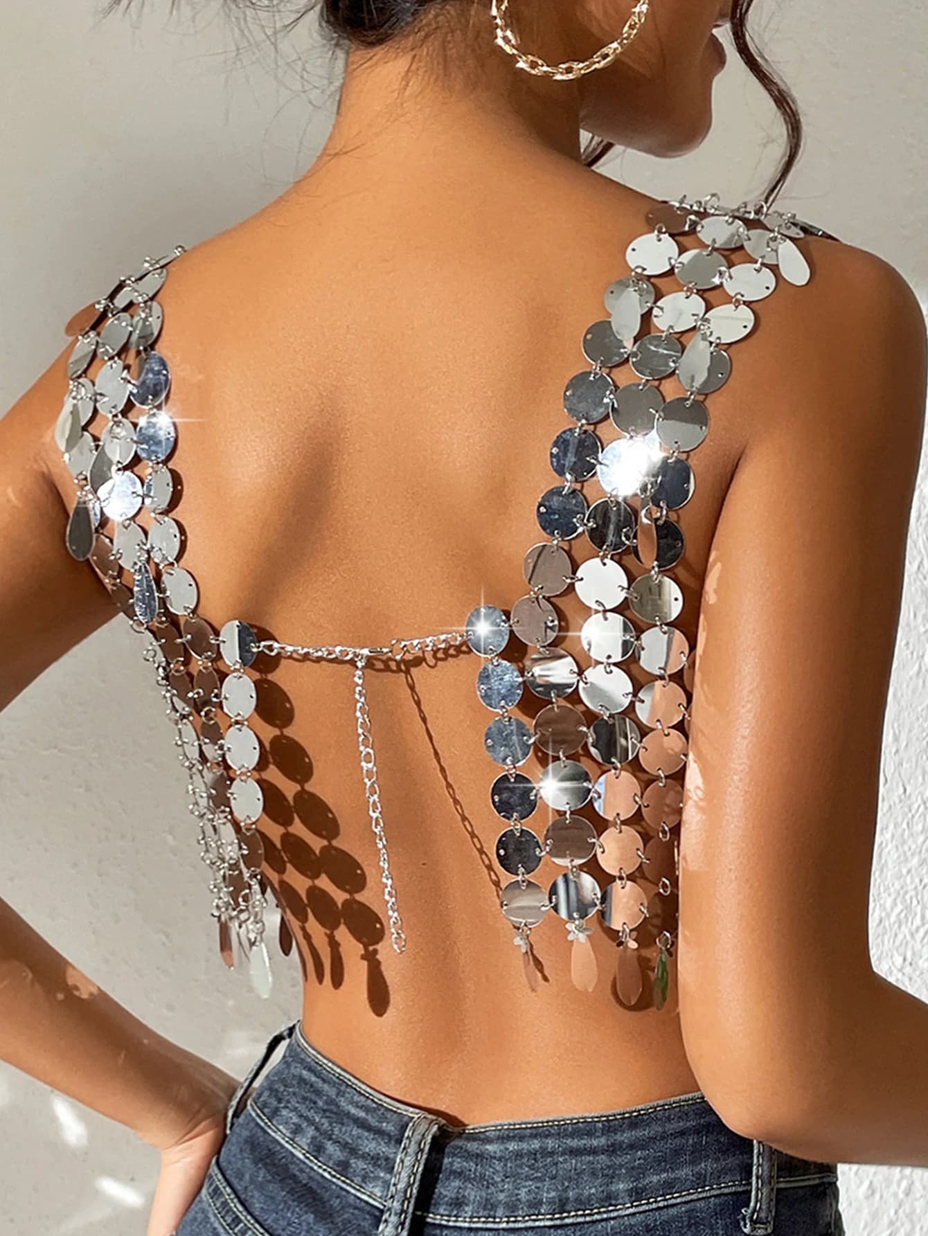Haut court sexy transparent Y2K à sequins métalliques pour femme, collection été 2026, idéal pour la