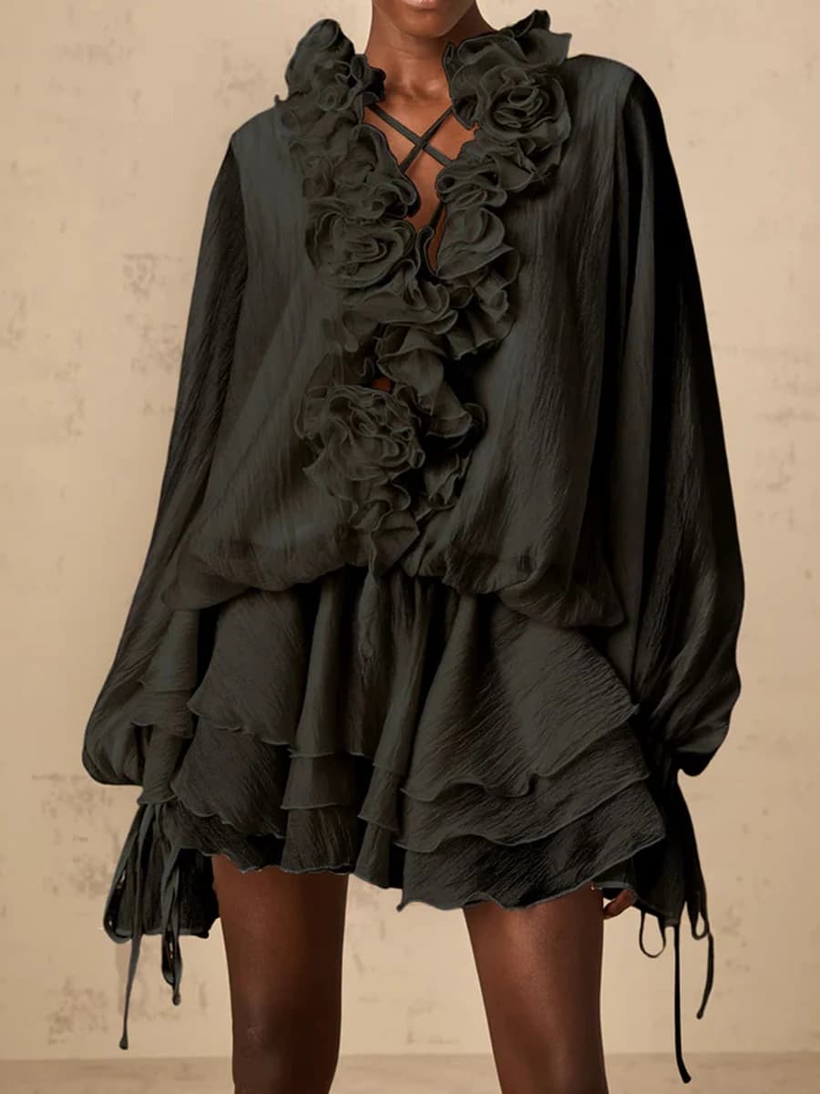 TWOTWINSTYLE – robe ample à fleurs 3D pour femmes, couleur unie, col en V, manches longues, Patchwor