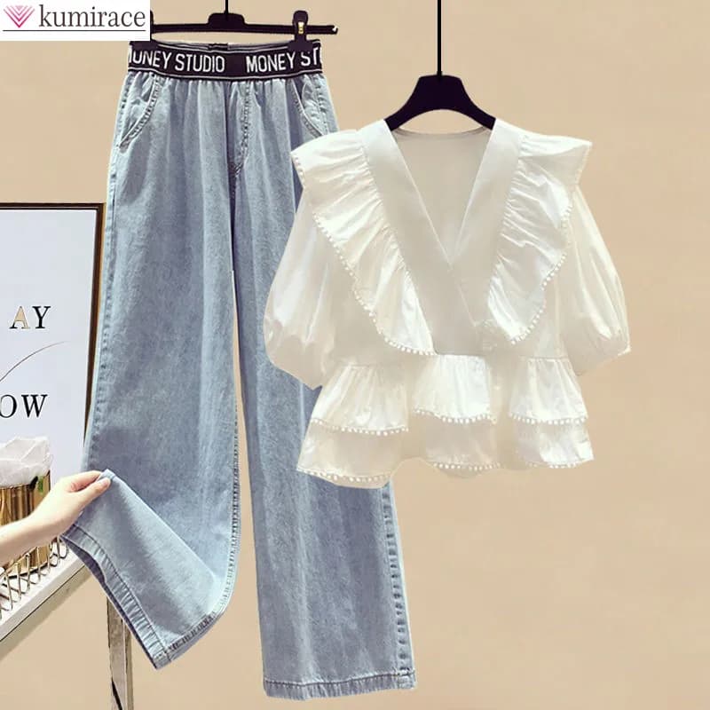 Ensemble pantalon élégant d'été pour femmes, chemise plissée en mousseline de soie, haut en jean de 