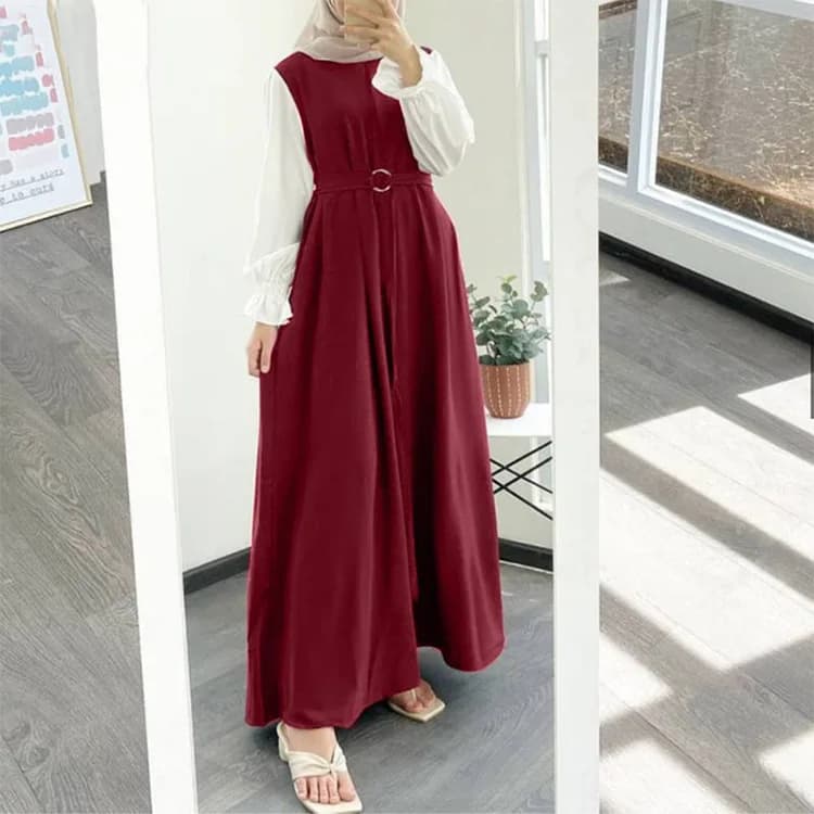 Robe Abaya à manches volantées pour femme musulmane col rond de haute qualité avec ceinture libre vê