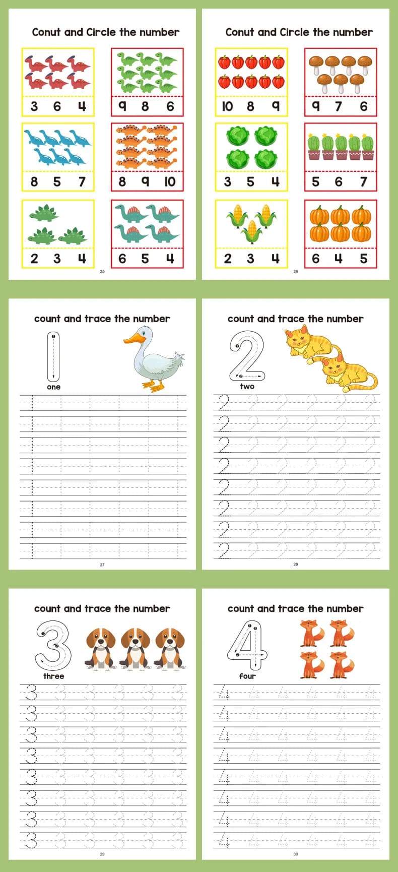 Cahier d'exercices de mathématiques préscolaires, comprenant des pages d'addition et de soustraction