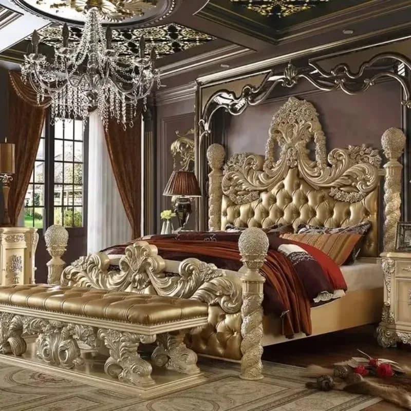 Luxueux Style européen doré en bois massif sculpté à la main Villa King Size ensemble de chambre têt