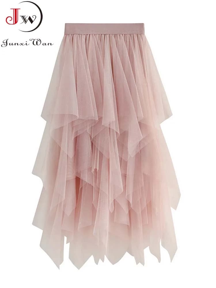 Jupes mi-longues taille haute pour femmes, jupes en tulle monochromes, maille blanche élégante et ch