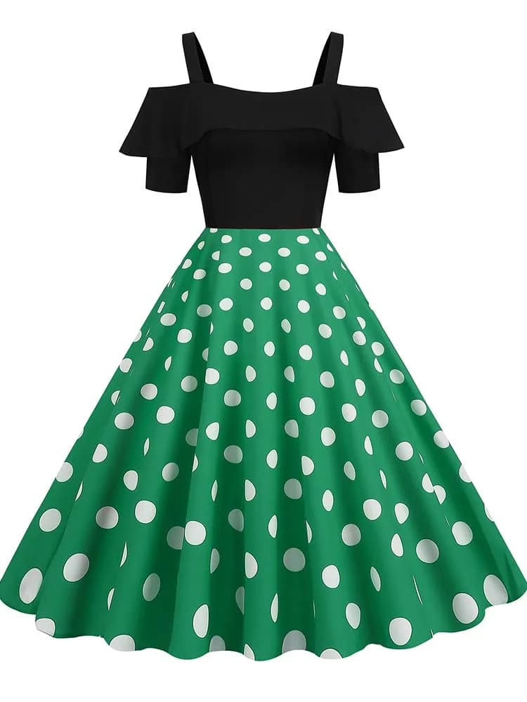 Robe de soirée Vintage élégante pour femmes, épaules dénudées, à pois, à volants, ligne A, robes mi-